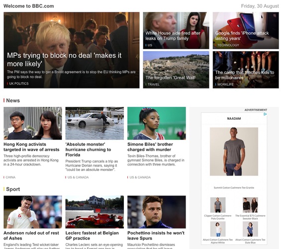 The CNN home page, with a hero image for the main story and thumbnails for each of the supporting stories.