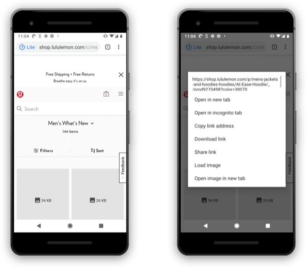 Lite pages will replace images with placeholders that display the image weight. Pressing on the image with a long tap lets you choose to download the intended image.