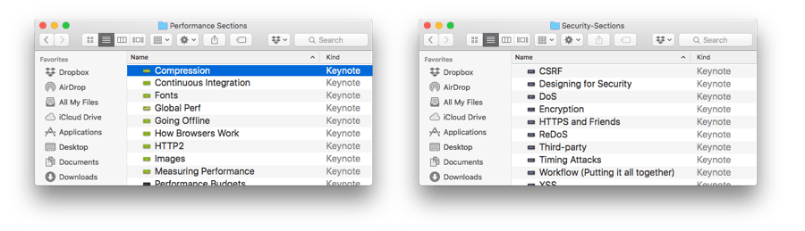For each workshop I do, I keep a folder of individual Keynote files for various sections so that I can easily adjust based on questions from attendees.