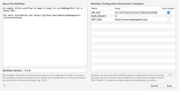 A screenshot of the environmental variables for the WebPageTest Alfred workflow