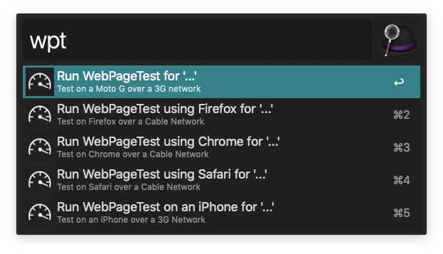 A screenshot of the options (listed below) for the WebPageTest Alfred workflow