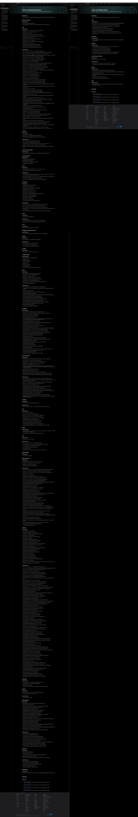 A comparison of the length of the release notes for Safari 16.4 (left) and 16.3 (right). The 16.4 note are substantially longer.